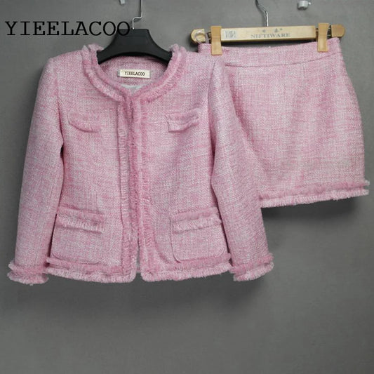 Pink tweed jacket + skirt suit Elegant spring / autumn /autumn new women's jacket office ladies  aristocratic nap skirt suit