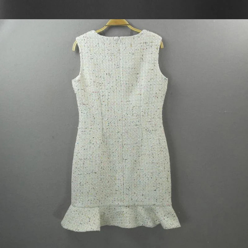 Beige sleeveless tweed dress color sequins one-piece  spring / autumn women dress custom ladies bottoming fishtail dress