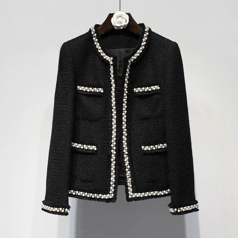 Black tweed women jacket spring / autumn / winter woolen coat new Wool handmade beads classic  jacket Ladies