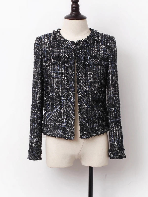 Tweed Jacket women dark blue Sequins flash fabric spring / autumn /winter women's jacket coat classic ladies one-piece jacket