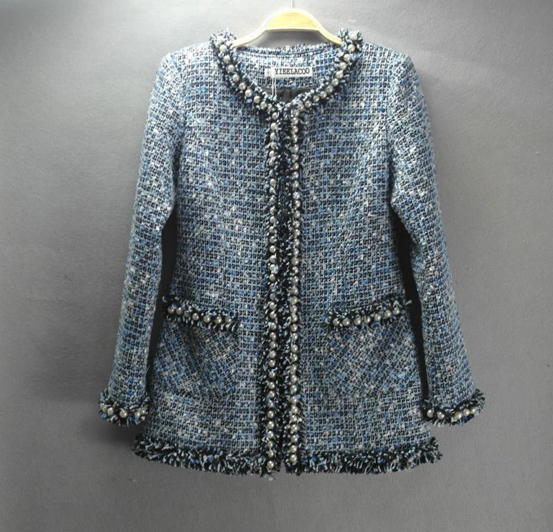 Women's Tweed Jacket with Bead, Advanced Blue, Custom, Heavy, Autumn, Winter Ladies Coat, Long Section, 1 Pc