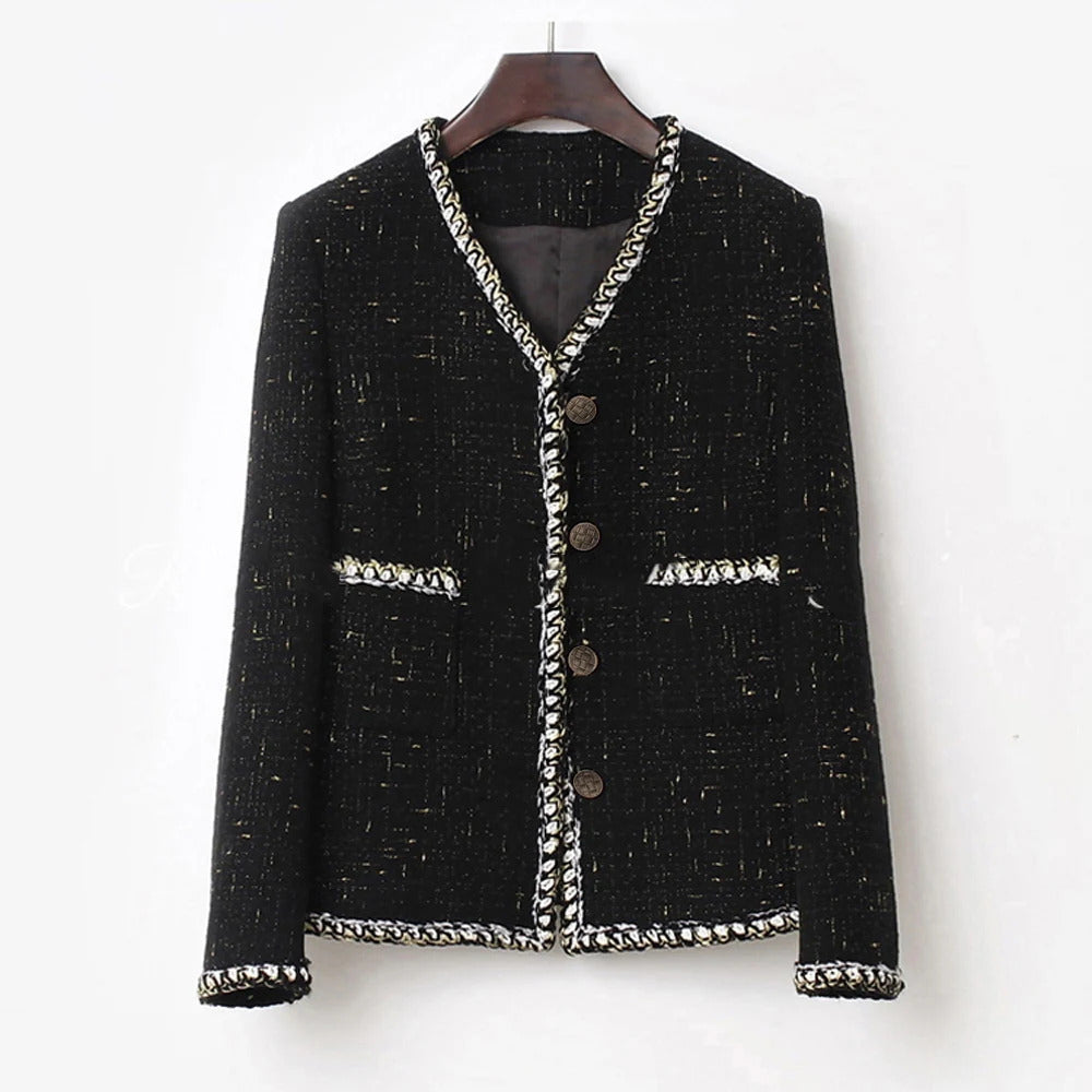 Women's black tweed short coat  new spring and autumn white women's small fragrance top