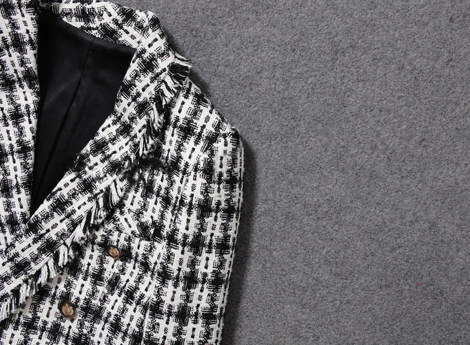 Tweed jacket Black/white plaid spring / autumn women's coat jacket Double-breasted ladies suit small fragrant wind jacket