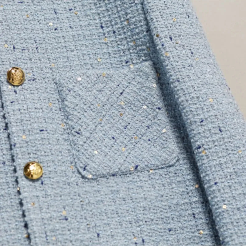 Women's tweed jacketautumn/winter, high-end and fragrant style jacket design for socialites, sequin light blue top