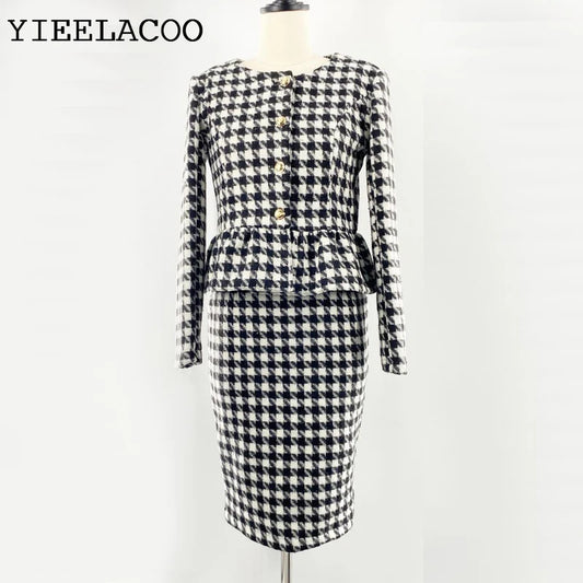 Women's Suit Plaid Autumn/Winter Long-Sleeved Tassel Ladies Tweed jacket + Skirt Suit fashion Professional 2-Piece Set