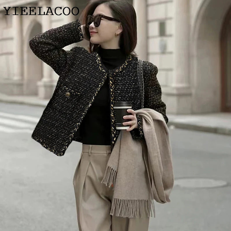 Black tweed jacket Professional spring /autumn women's jacket Business ladies One Piece Classic Coat