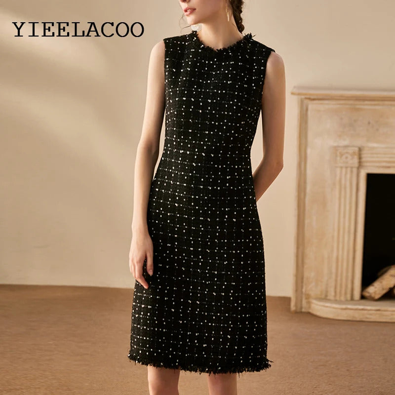 Professional Dress Black  New Spring / Summer Autumn Tweed Dress Little Fragrance Elegant Office Ladies Slim One-Piece Dress