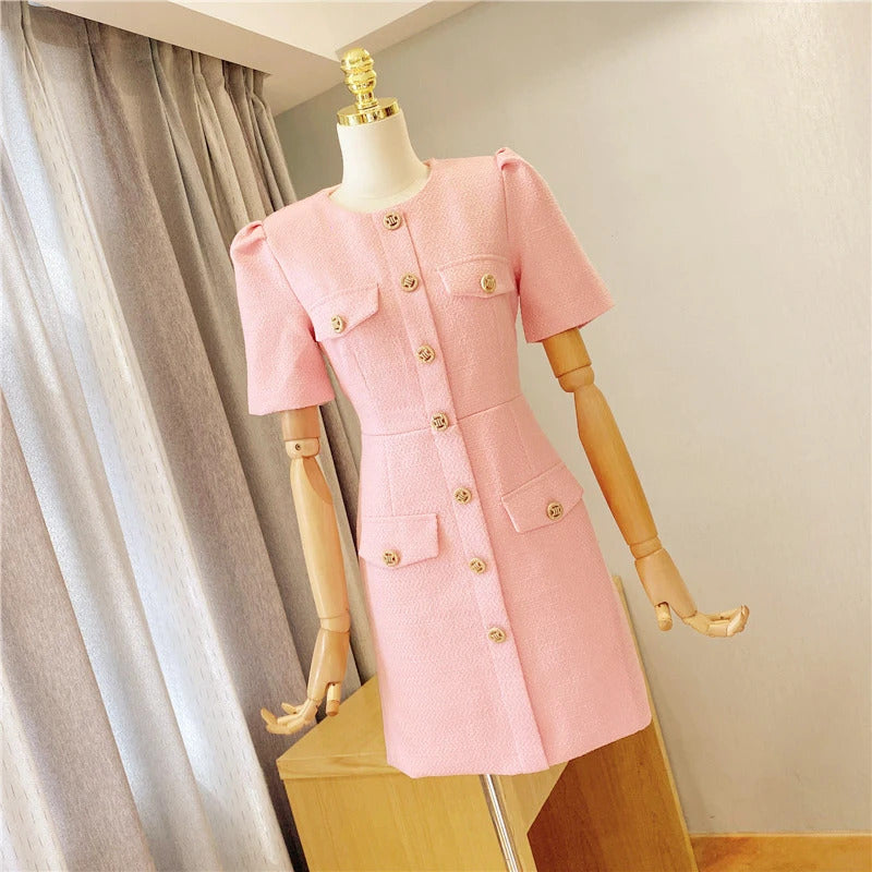 spring / autumn dress Small fragrant wind  New Light Luxury Elegant Mini dress Pink Short sleeve Women Tweed Dress