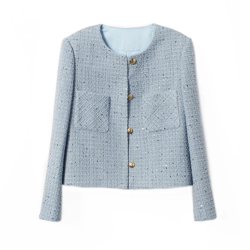 Blue Tweed Jacket Sequin  Fabric New Spring/Autumn/Winter Women's  Coat, classic jacket Ladies Top one-piece