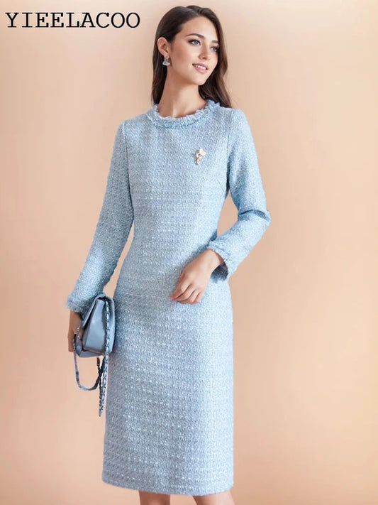 Blue Tweed Dress spring / autumn women's dress  tassel  slim  one-piece  Ladies Classic bottoming dress