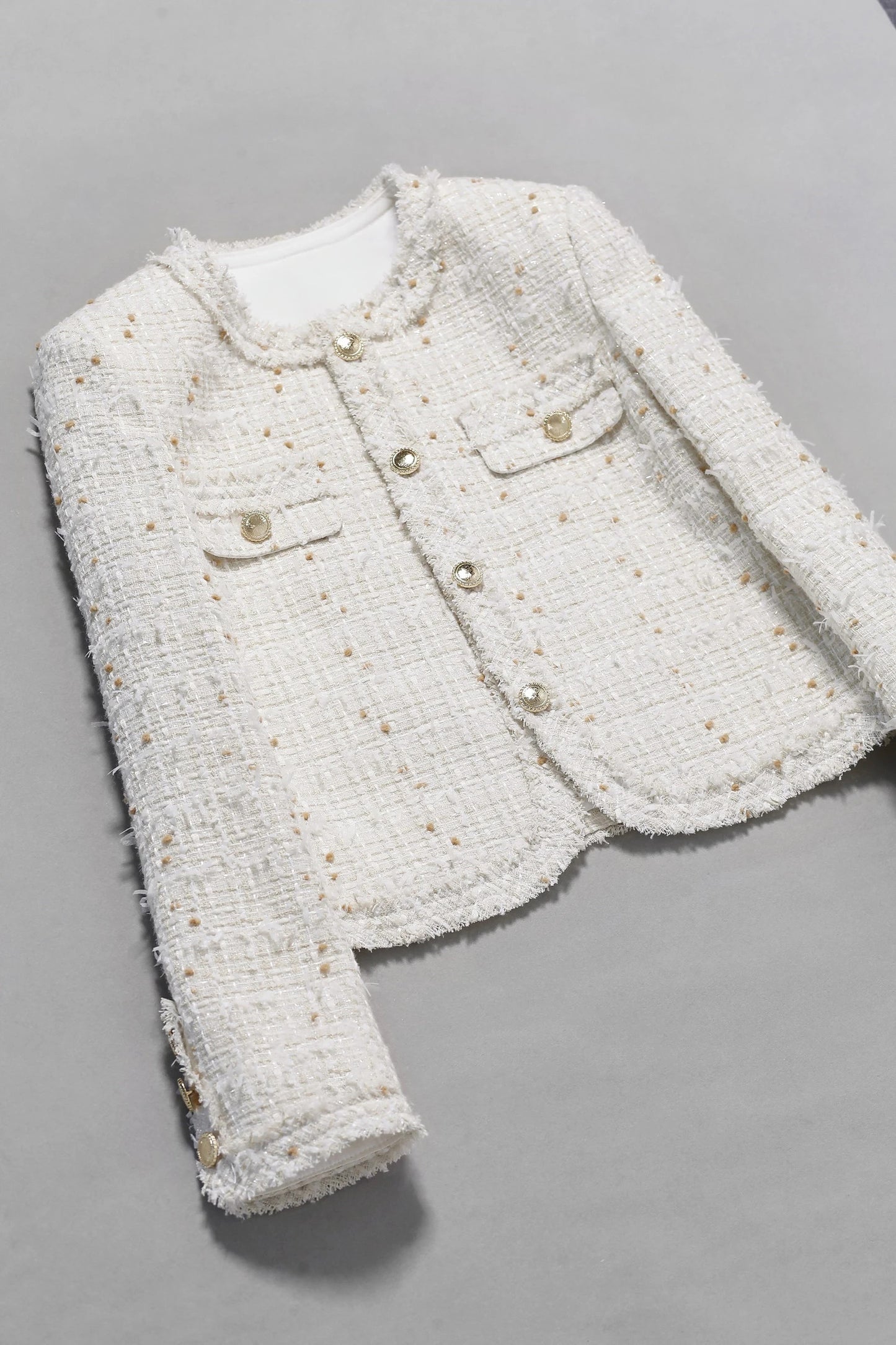 Beige tweed jacket for autumn/winter women's light and thin butterfly gauze small fragrance top, classic woven one piece jacket