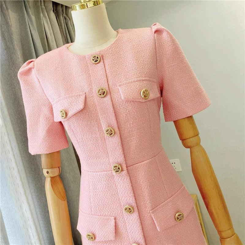 spring / autumn dress Small fragrant wind  New Light Luxury Elegant Mini dress Pink Short sleeve Women Tweed Dress