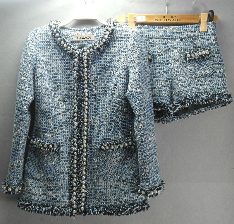 Blue tweed coat +short suit beading advanced custom heavy autumn/winter  Women jacket set and long sections ladies jacket coat