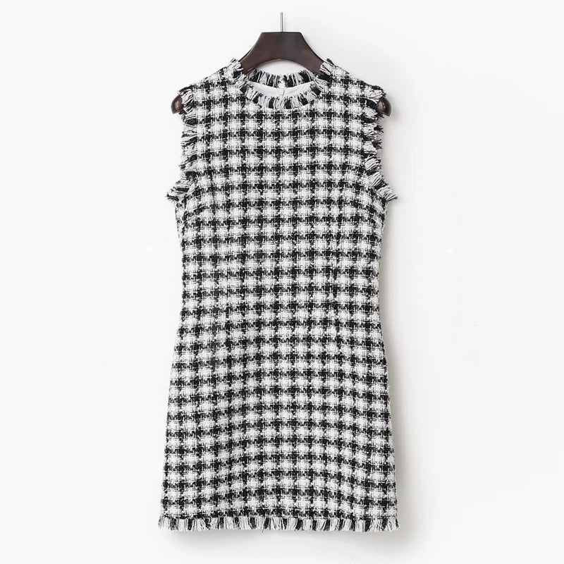 Black White Plaid Tweed Dress New Spring / Summer Autumn Little Fragrance Elegant Office Ladies Slim One-Piece Dress