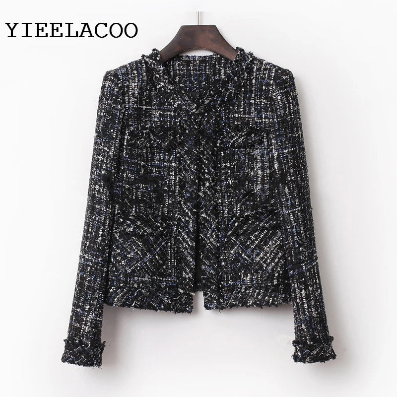 Tweed Jacket women dark blue Sequins flash fabric spring / autumn /winter women's jacket coat classic ladies one-piece jacket