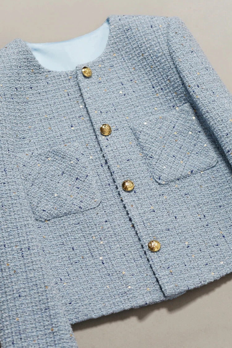 Women's tweed jacketautumn/winter, high-end and fragrant style jacket design for socialites, sequin light blue top