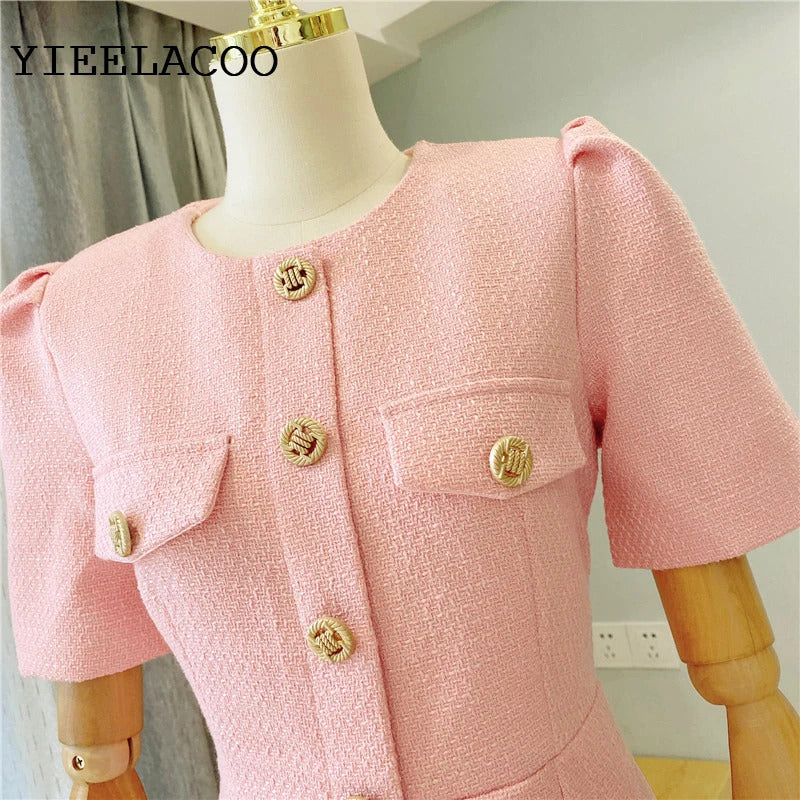 spring / autumn dress Small fragrant wind  New Light Luxury Elegant Mini dress Pink Short sleeve Women Tweed Dress