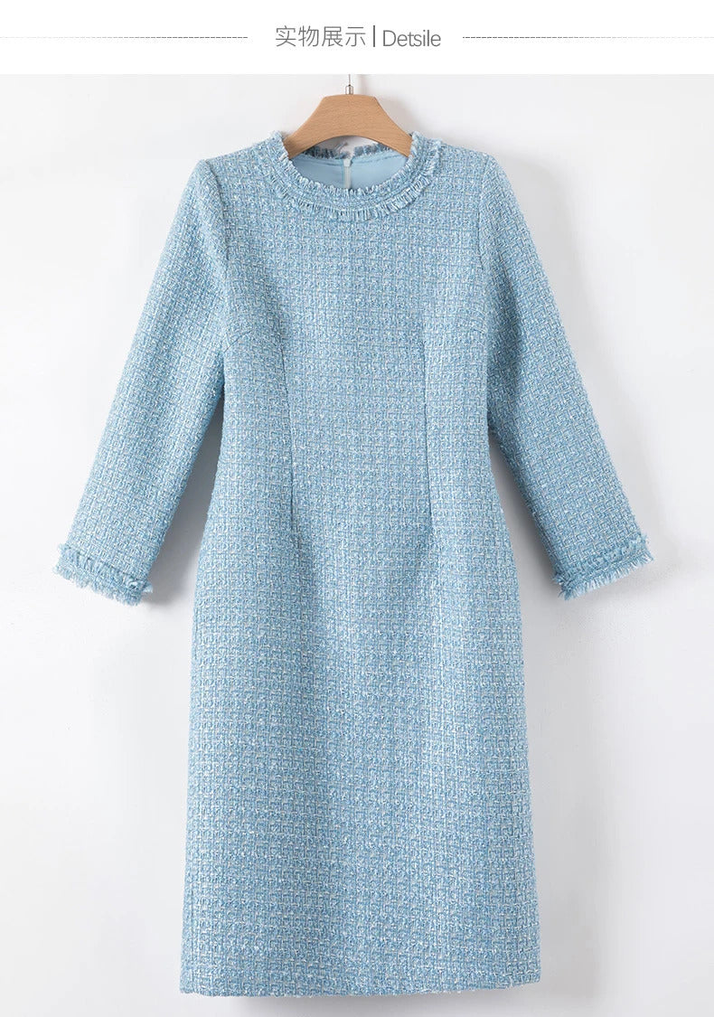 Blue Tweed Dress spring / autumn women's dress  tassel  slim  one-piece  Ladies Classic bottoming dress