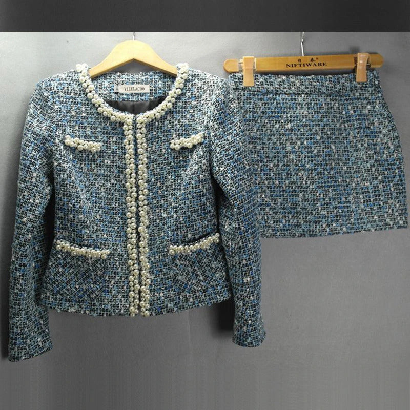 tweed jacket + skirt suits Elegant heavy beading autumn / winter womens coat cultivating long-sleeved office ladies sets