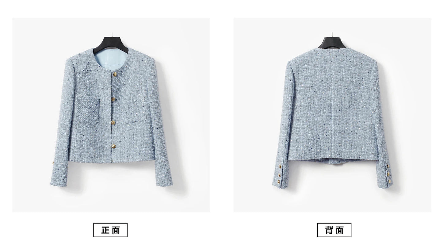 Women's tweed jacketautumn/winter, high-end and fragrant style jacket design for socialites, sequin light blue top