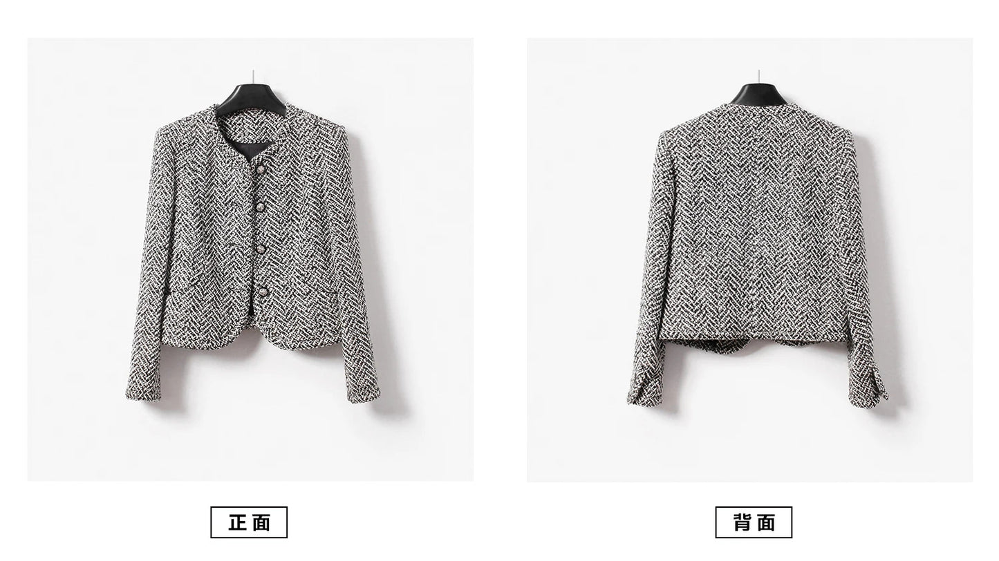 Grey  women's tweed jacket herringbone pattern autumn/winter socialite woven short slimming fragrant style jacket commuting top