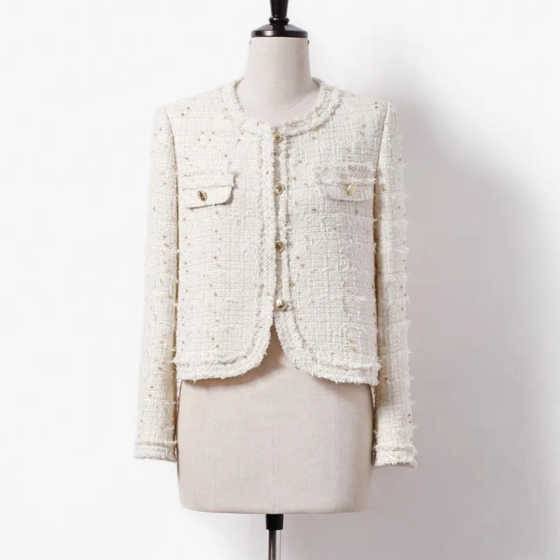 Beige tweed jacket for autumn/winter women's light and thin butterfly gauze small fragrance top, classic woven one piece jacket