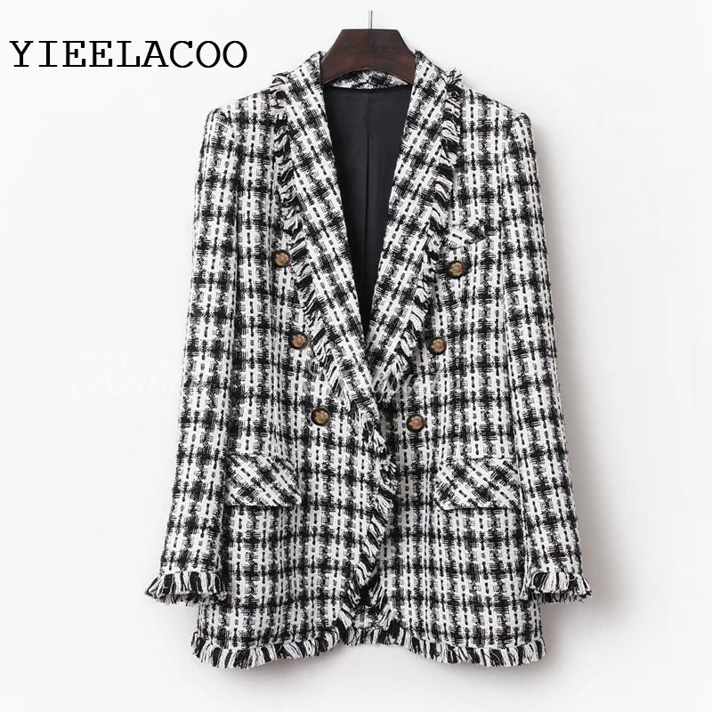 Tweed jacket Black/white plaid spring / autumn women's coat jacket Double-breasted ladies suit small fragrant wind jacket