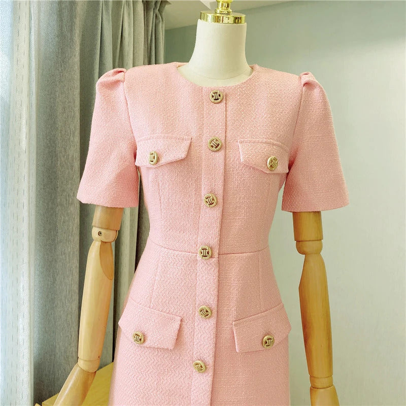 spring / autumn dress Small fragrant wind  New Light Luxury Elegant Mini dress Pink Short sleeve Women Tweed Dress