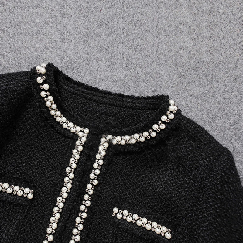 Black tweed women jacket spring / autumn / winter woolen coat new Wool handmade beads classic  jacket Ladies