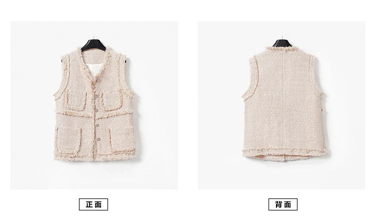 Apricot Sequin Coat  Sleeveless Ladies Spring /Autumn /Winter  Classic Women's Tweed Jacket Coat  Fashion Fragrance Woven Top