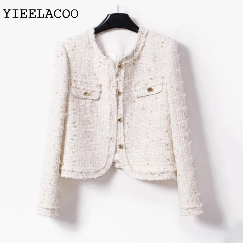 Beige tweed jacket for autumn/winter women's light and thin butterfly gauze small fragrance top, classic woven one piece jacket