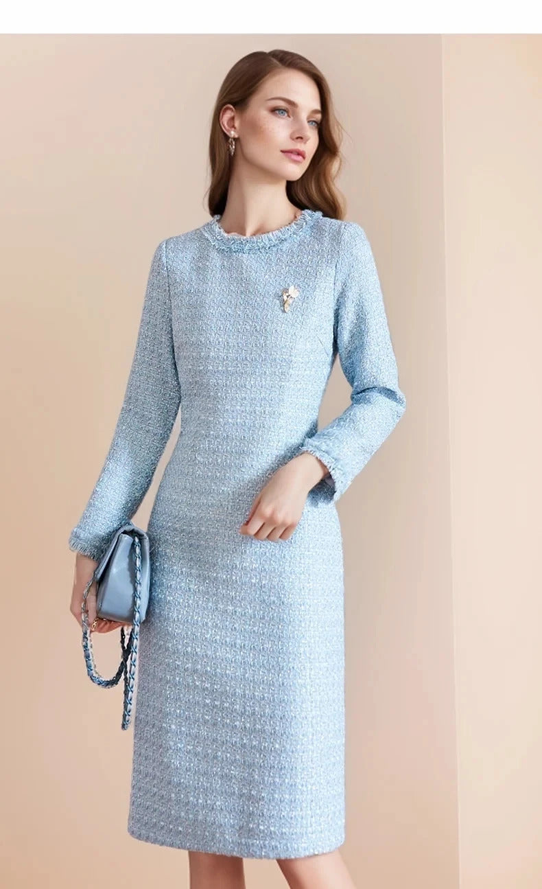 Blue Tweed Dress spring / autumn women's dress  tassel  slim  one-piece  Ladies Classic bottoming dress