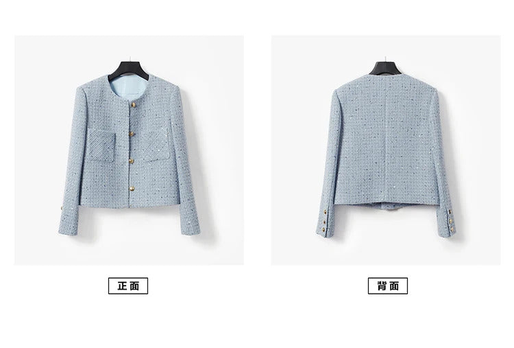 Blue Tweed Jacket Sequin  Fabric New Spring/Autumn/Winter Women's  Coat, classic jacket Ladies Top one-piece