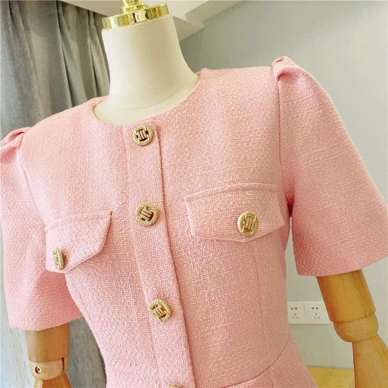 spring / autumn dress Small fragrant wind  New Light Luxury Elegant Mini dress Pink Short sleeve Women Tweed Dress