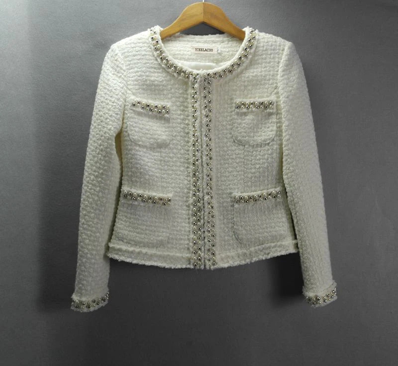 White / black tweed jacket autumn  /winter women's jacket new long-sleeved ladies heavy beaded woolen jacket