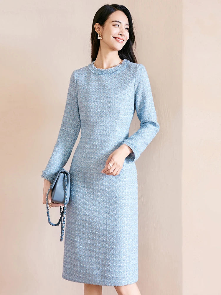 Blue Tweed Dress spring / autumn women's dress  tassel  slim  one-piece  Ladies Classic bottoming dress