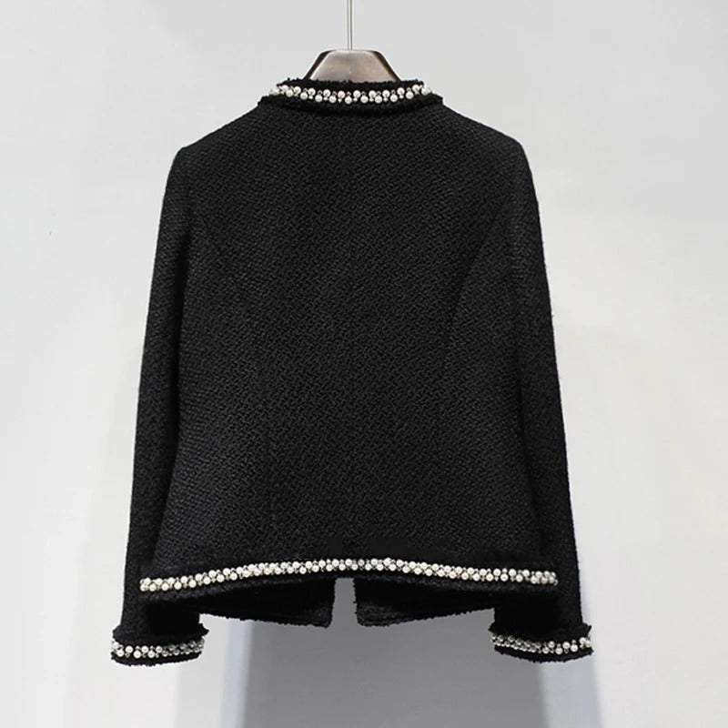 Black tweed women jacket spring / autumn / winter woolen coat new Wool handmade beads classic  jacket Ladies