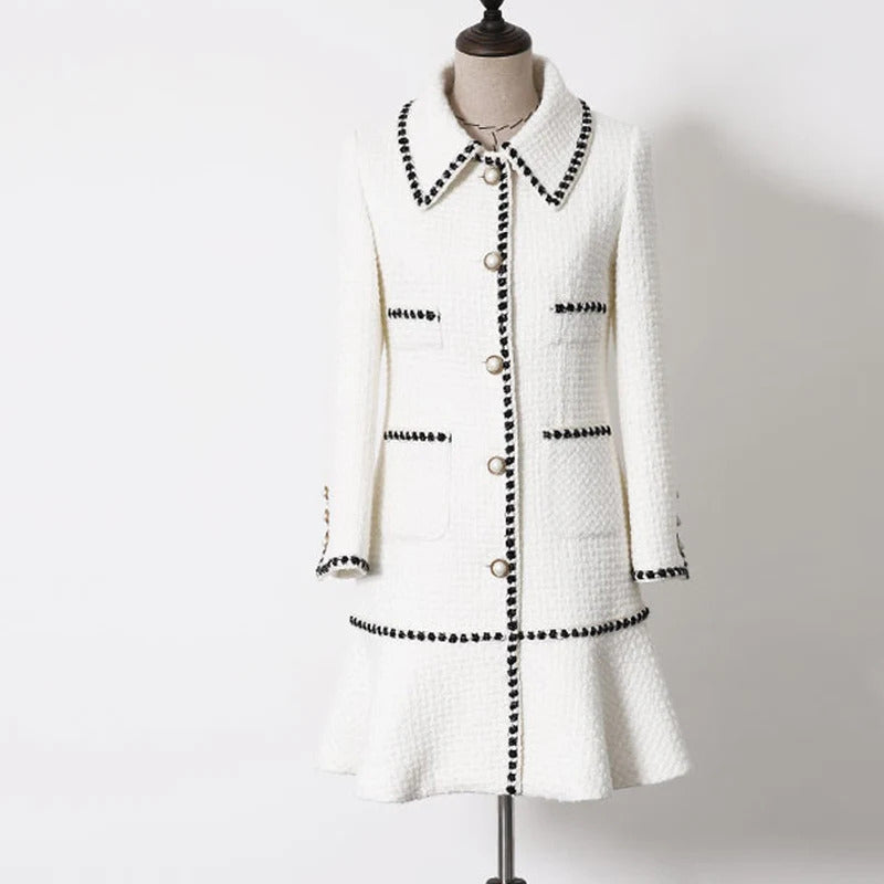 White tweed jacket in the long section of spring / autumn / winter Women's Coat wool new Slim ladies jacket coat