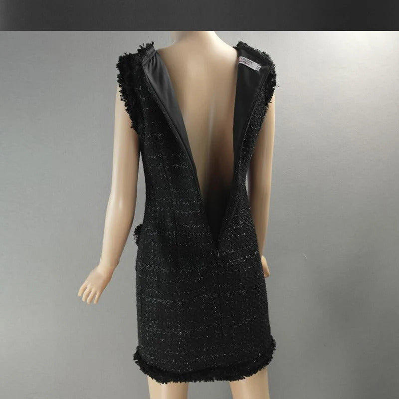 Black bright silk tweed sleeveless dress custom spring / autumn ladies dress was thin ladies bottoming dress