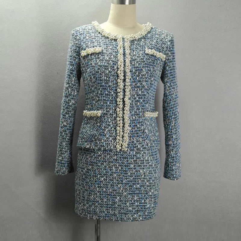 tweed jacket + skirt suits Elegant heavy beading autumn / winter womens coat cultivating long-sleeved office ladies sets