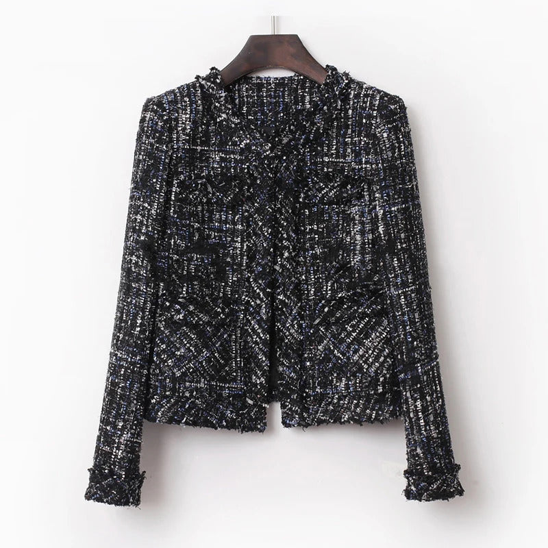 Tweed Jacket women dark blue Sequins flash fabric spring / autumn /winter women's jacket coat classic ladies one-piece jacket