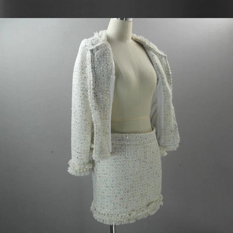 Beige tweed  jacket + skirt suit color sequin autumn / winter women's jacket new ladies suit  2-piece sets