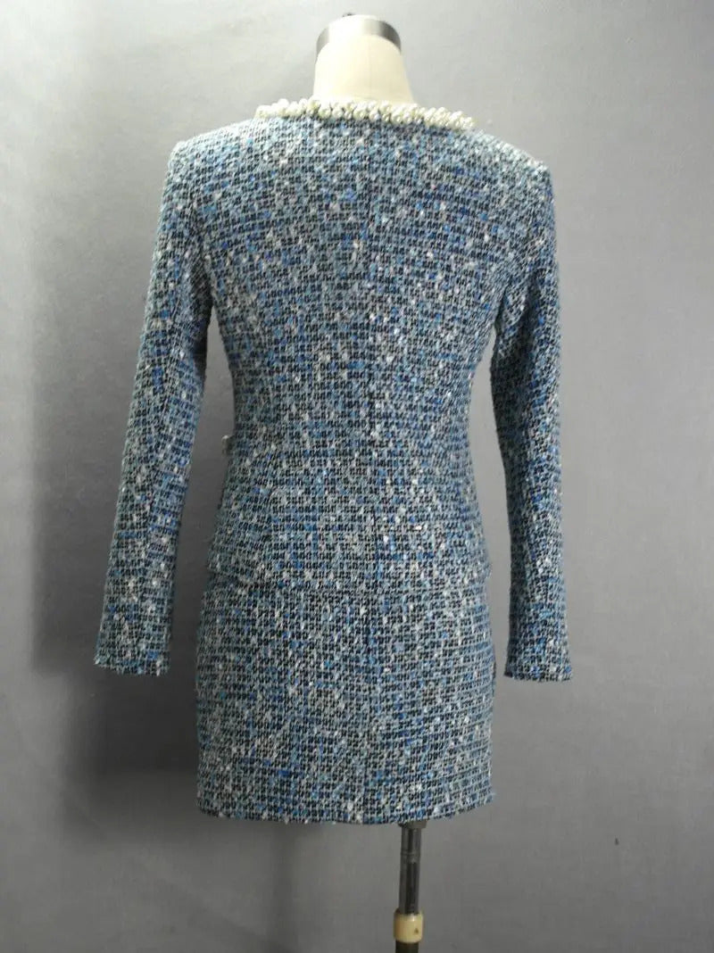 tweed jacket + skirt suits Elegant heavy beading autumn / winter womens coat cultivating long-sleeved office ladies sets