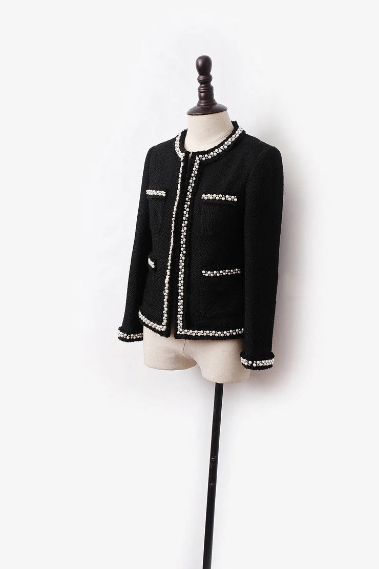 Black tweed women jacket spring / autumn / winter woolen coat new Wool handmade beads classic  jacket Ladies