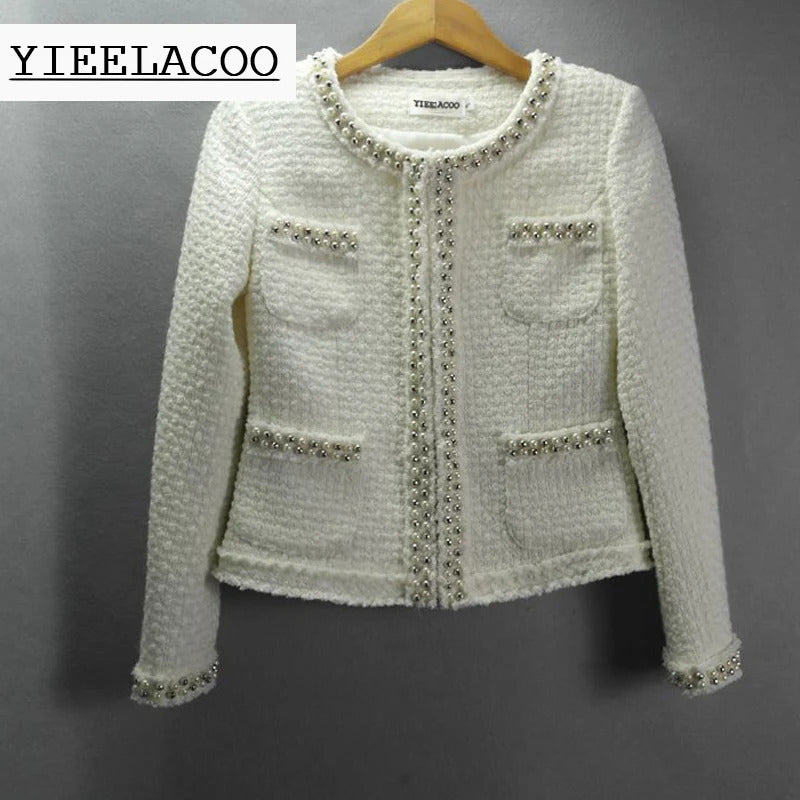 White / black tweed jacket autumn  /winter women's jacket new long-sleeved ladies heavy beaded woolen jacket