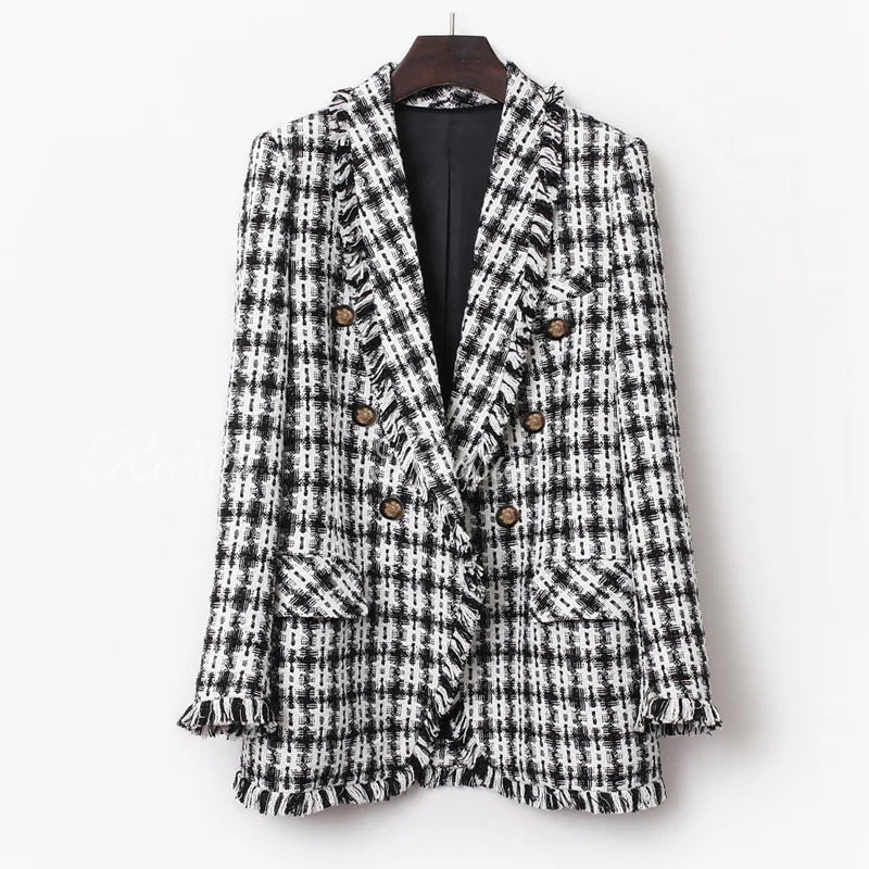 Tweed jacket Black/white plaid spring / autumn women's coat jacket Double-breasted ladies suit small fragrant wind jacket