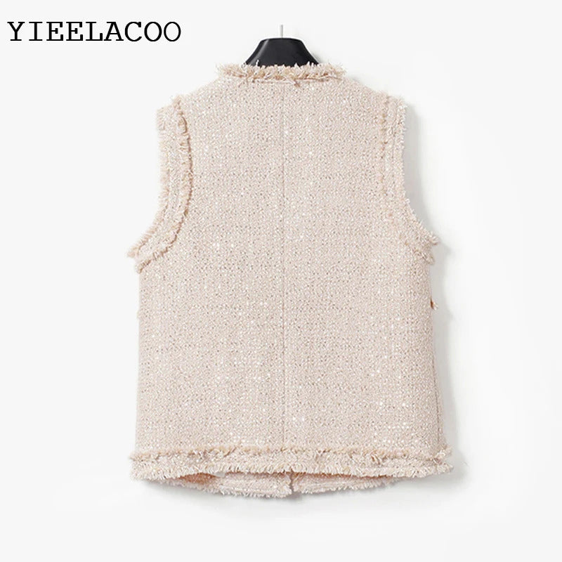 Apricot Sequin Coat  Sleeveless Ladies Spring /Autumn /Winter  Classic Women's Tweed Jacket Coat  Fashion Fragrance Woven Top