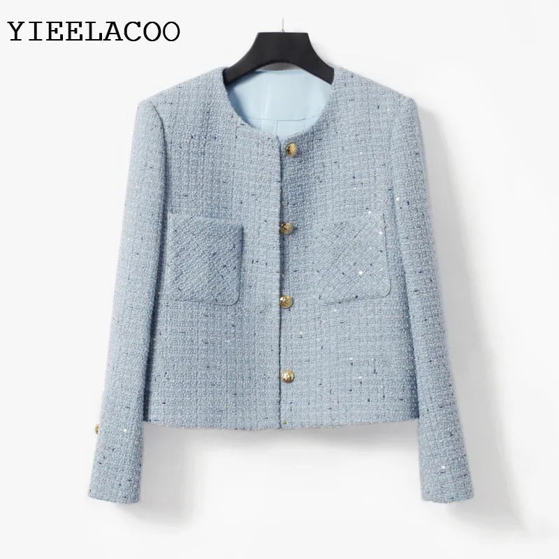 Women's tweed jacketautumn/winter, high-end and fragrant style jacket design for socialites, sequin light blue top