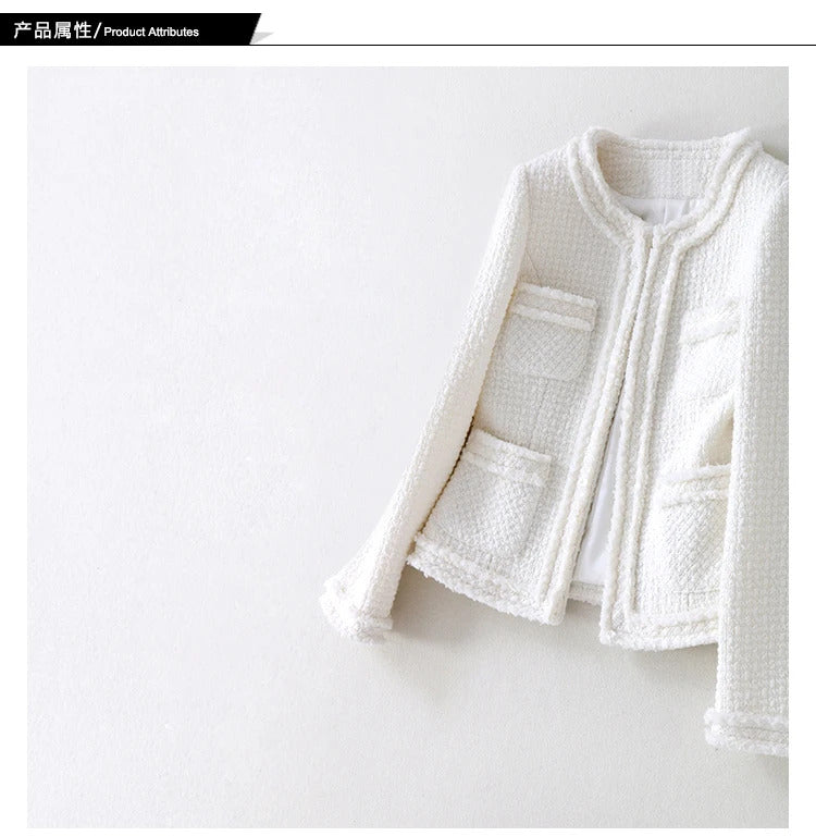 White wool tweed jacket  spring / autumn women's new coat socialite Slim jacket one piece