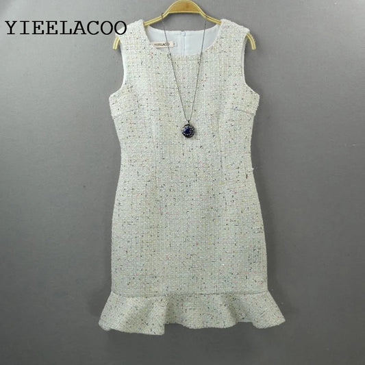 Beige sleeveless tweed dress color sequins one-piece  spring / autumn women dress custom ladies bottoming fishtail dress